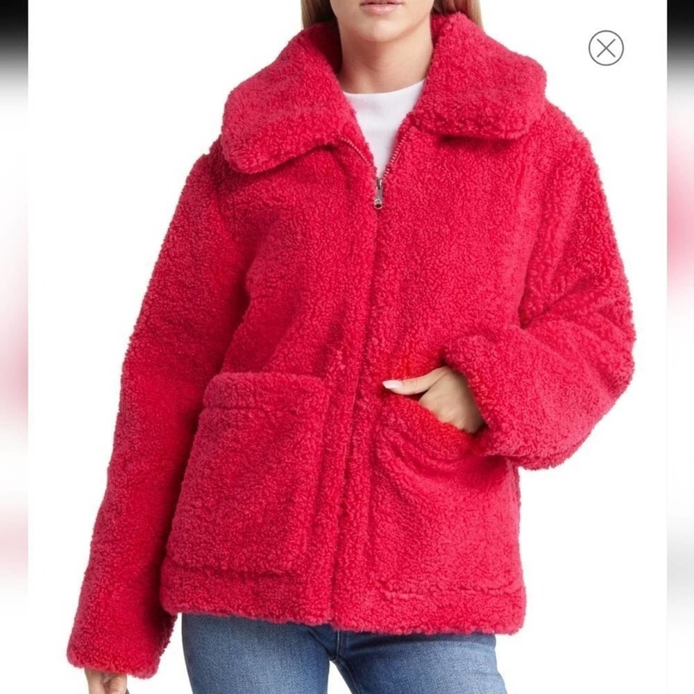 Sam Edelman pink faux fur fuzzy fleece pink teddy jacket Size large new!!!‎